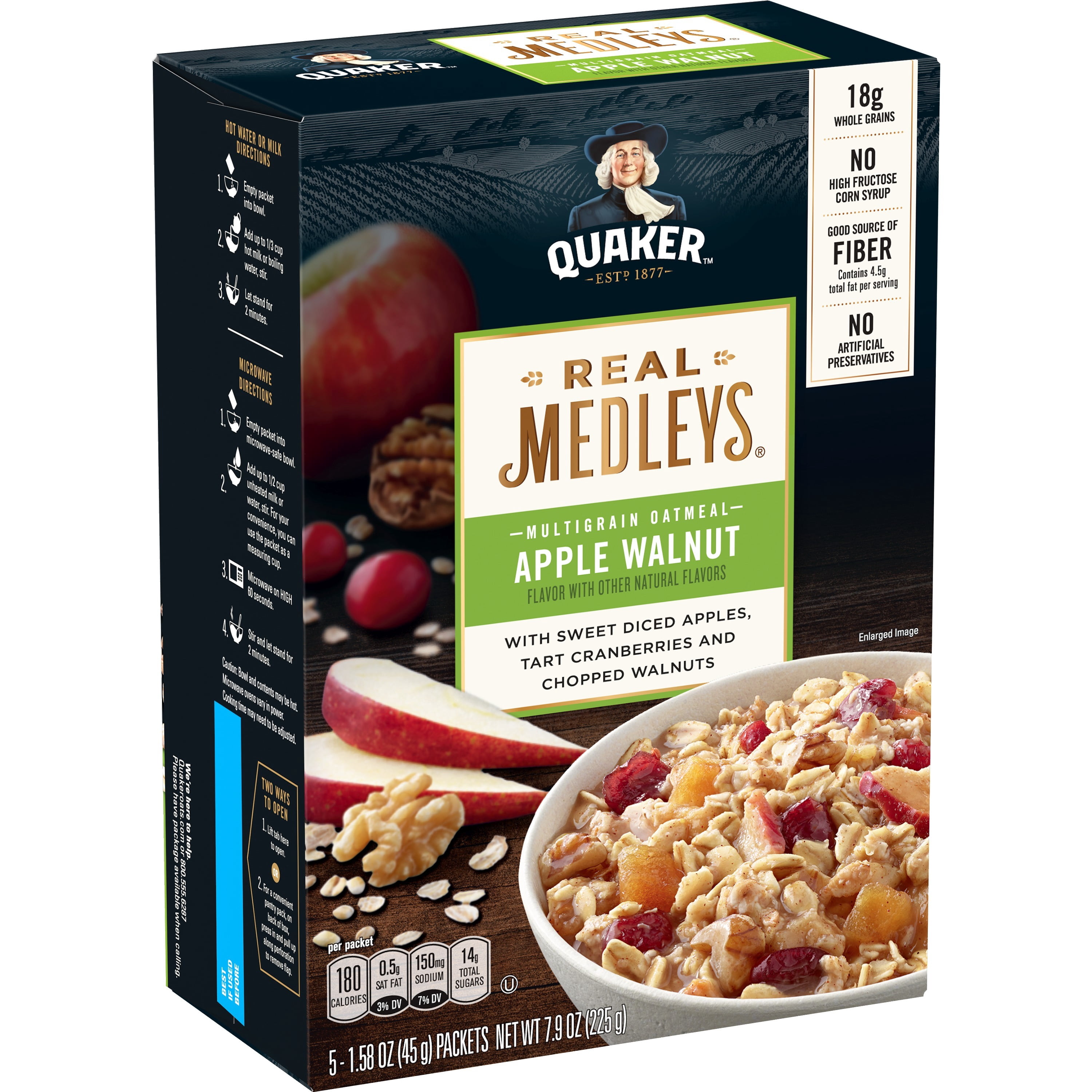 Quaker Real Medleys, Multigrain Instant Oatmeal, Apple Walnut, 1.58 oz, 5 Packets