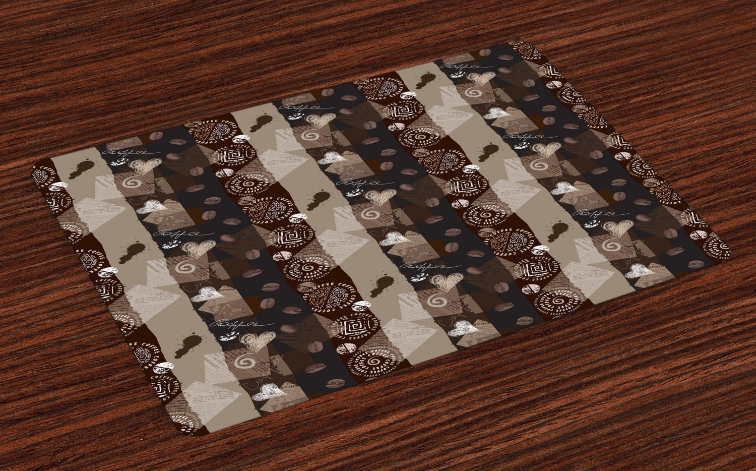 Brown Placemats Set of 4 Coffee Typography Hearts and Beans on Abstract