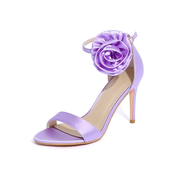 BLISSFUL STEP Flower Satin Stiletto Heels Ankle Strap High Heel Sandals for Women Purple (Size 8)