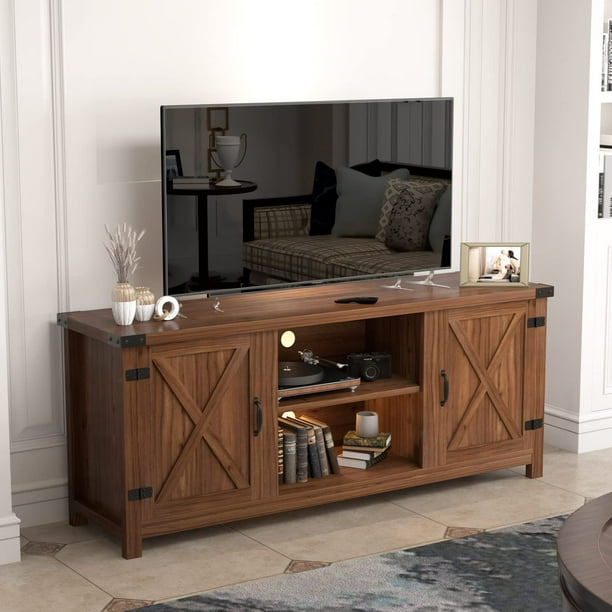 Shunda K Modern Farmhouse TV Stand with Two Barn Doors and Storage