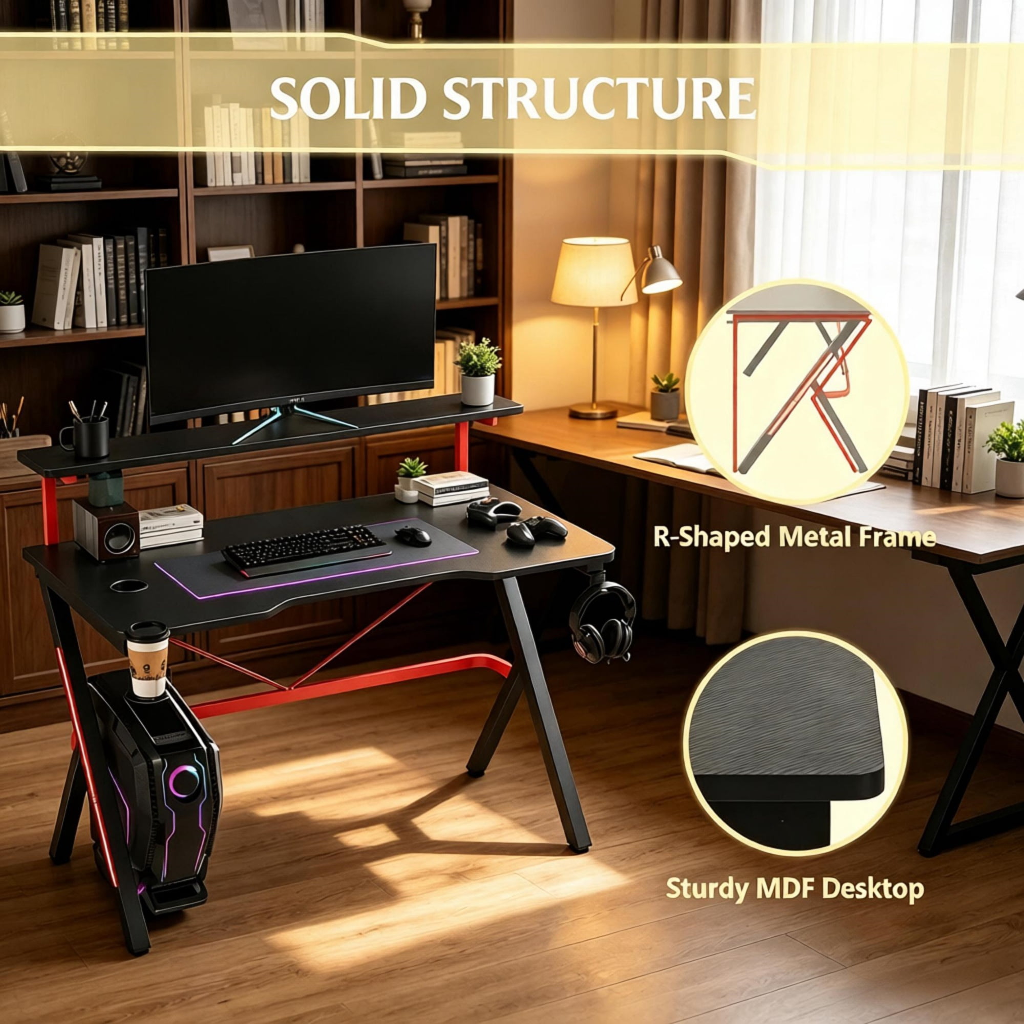 47 Inch Black Gaming Desk with Elevated Monitor Shelf Rotatable Cup Holder And Headphone Hook Racing Computer Workstation for Home Office