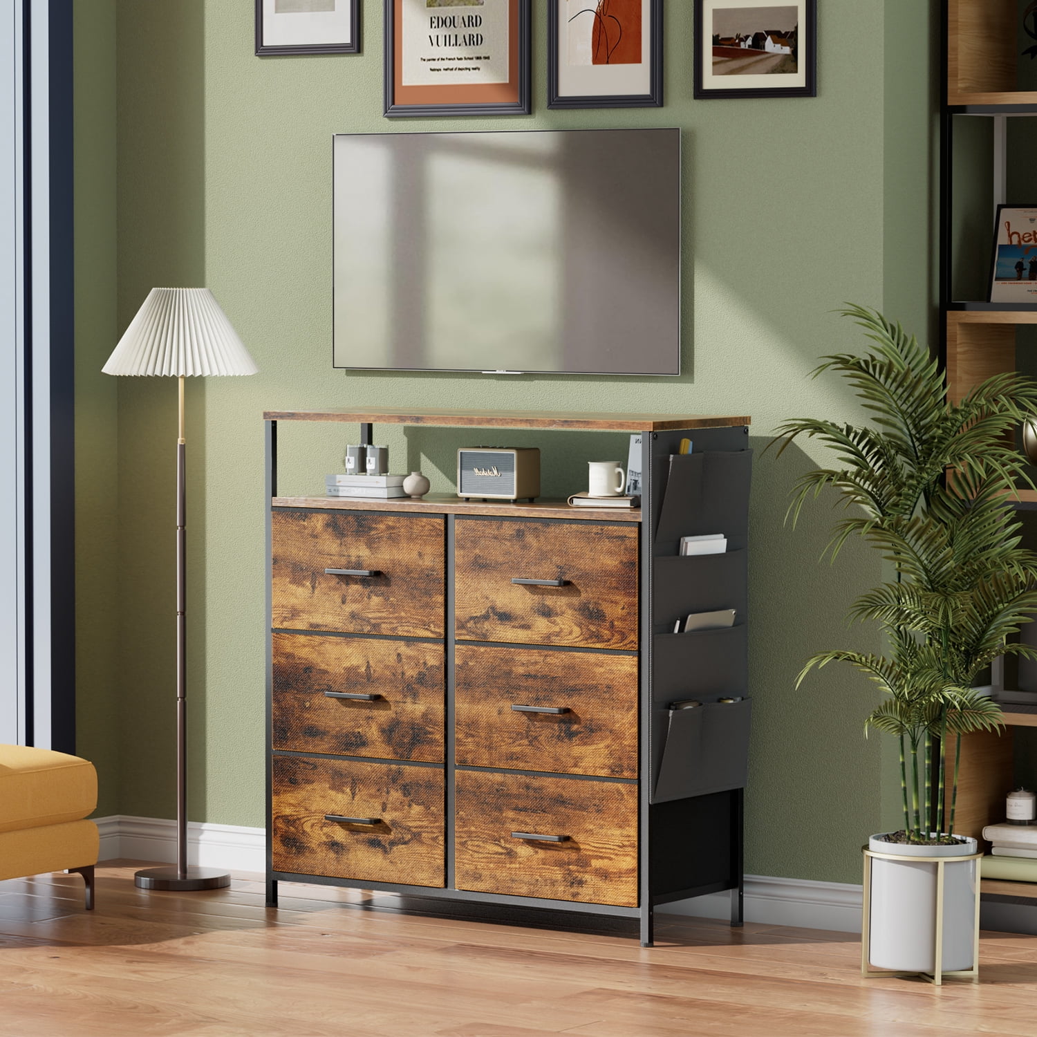 HLDIRECT Dresser for Bedroom with 6 Drawers, Fabric Chest of Drawers with Open Shelves & Side Storage Bags, Storage Cabinet with LED Lights for Living Room, Closet, Entryway, Gray