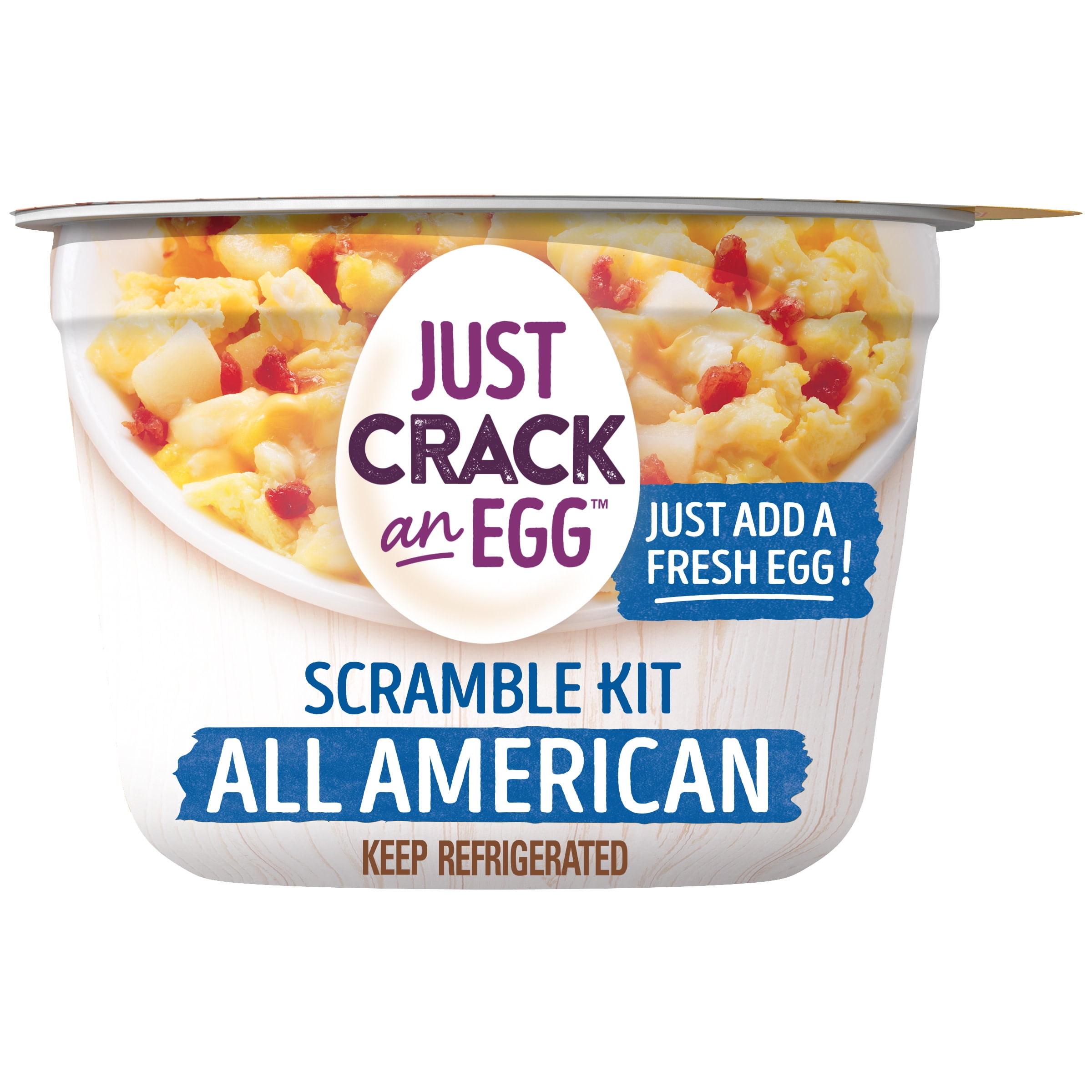 Just Crack an Egg All American Scramble Breakfast Bowl Kit with Potatoes, Sharp Cheddar Cheese and Uncured Bacon, 3 oz. Cup