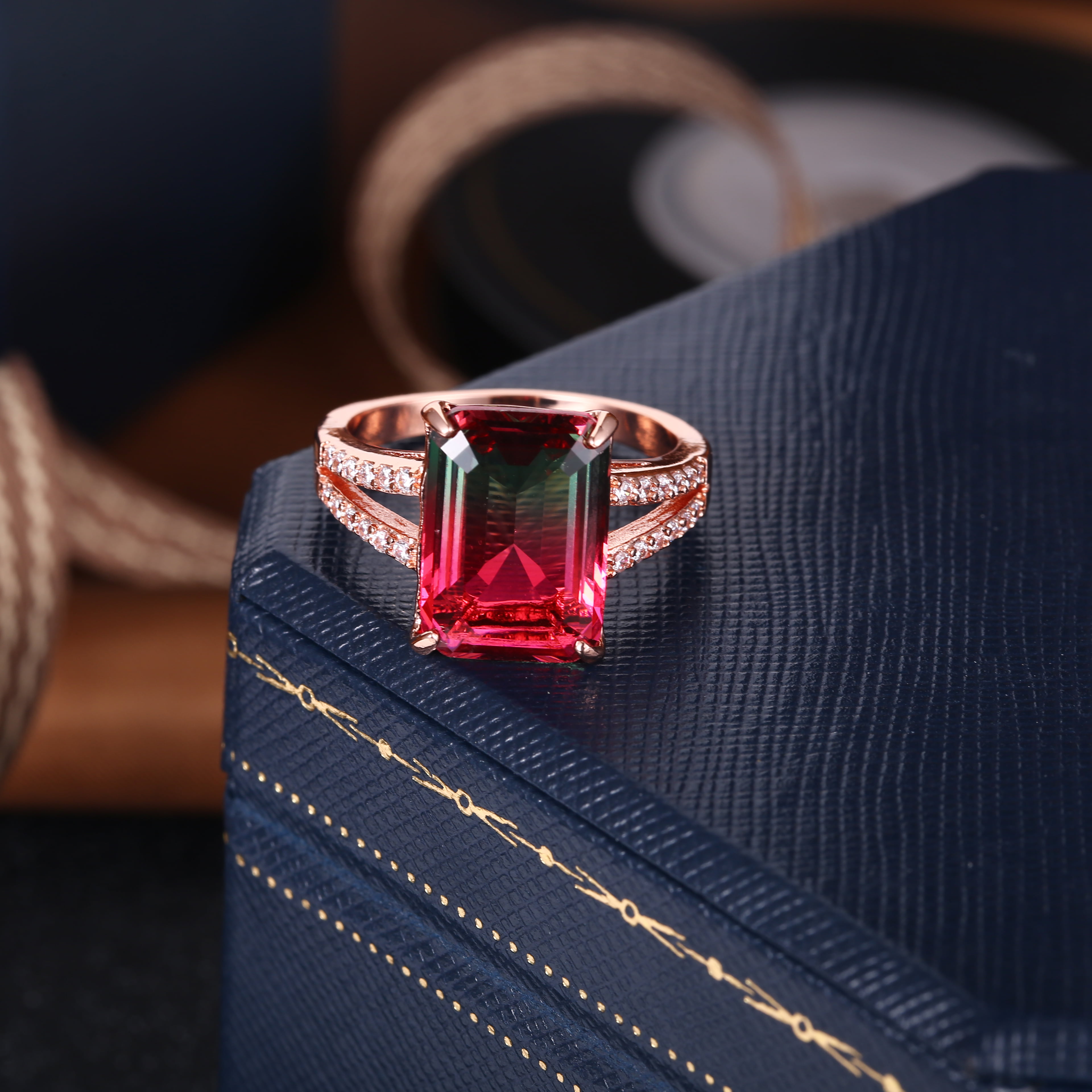 Carved Maine watermelon tourmaline ring in rose gold