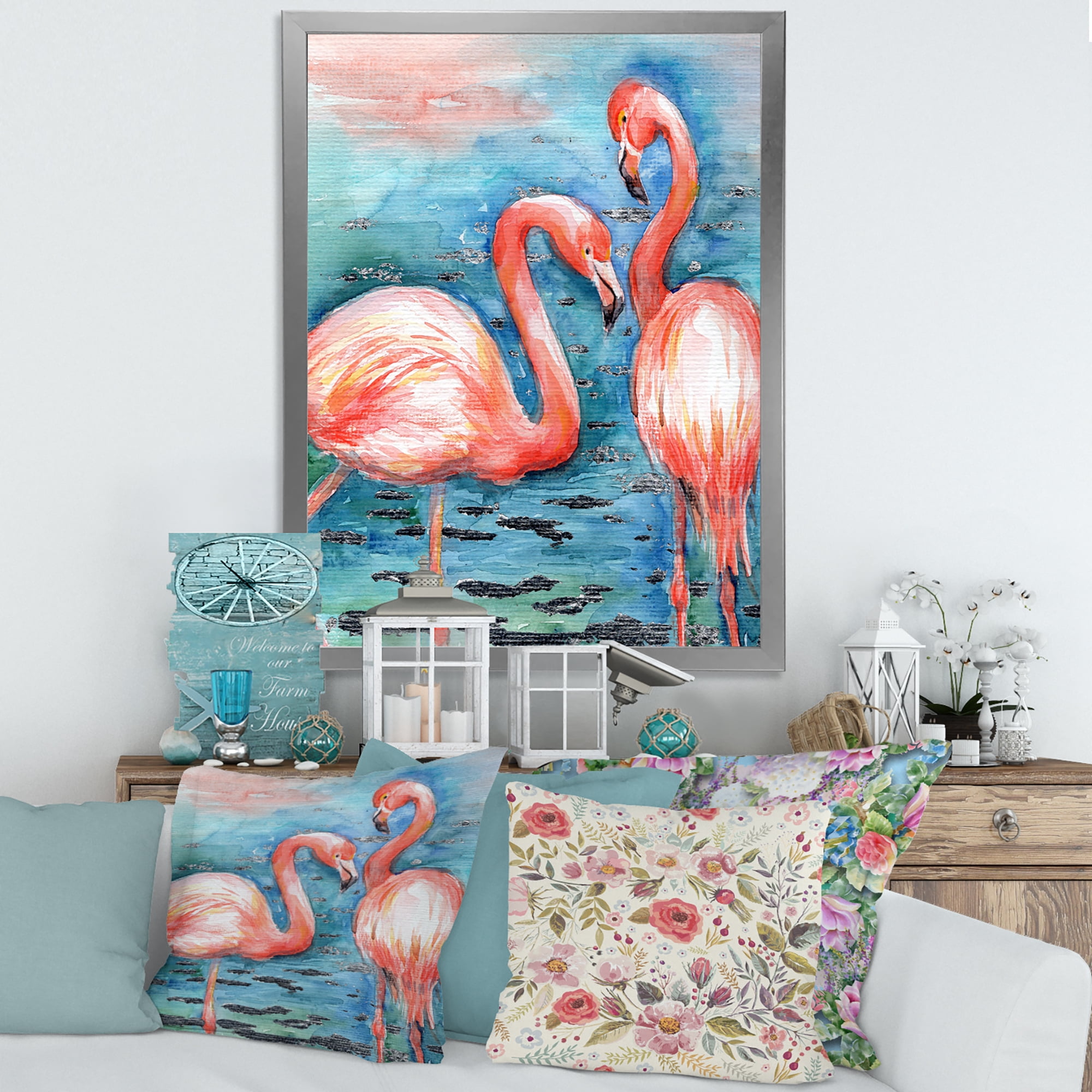 Designart 'Pink Flamingos Love Birds In Blue Water I' Farmhouse Framed Art Print