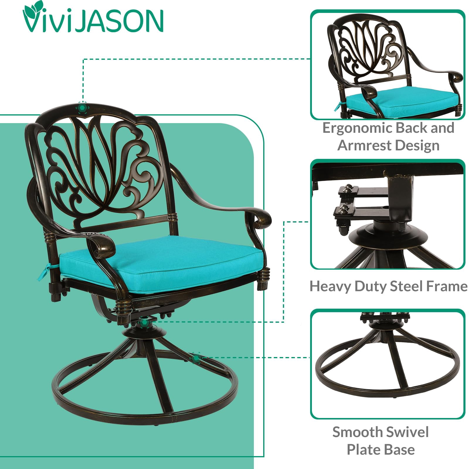 VIVIJASON 9-Piece Outdoor Furniture Dining Set, All-Weather Cast Aluminum Patio Conversation Set, Include 6 Stationary Chairs, 2 Swivel Dining Chairs, Oval Table with Umbrella Hole, Ocean Blue Cushion