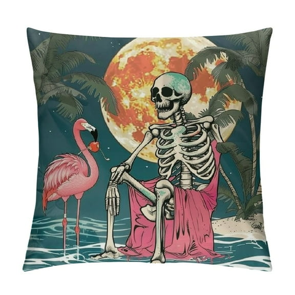 Autua Skeleton Flamingo Moon Graphic Decorative Throw Pillow Cover for Home Couch Living Room Bed Sofa - Aesthetic Decorative Pillow Covers for All Year Round Use - 1PC 12x12in
