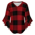thumbnail image 5 of Ugliest Country Christmas Cottage Primitive Lumberjack Buffalo Plaid Women's V-Neck Blouse With 3/4 Ruffled Bell Sleeves Casual Top Ladies Blouses, 5 of 7