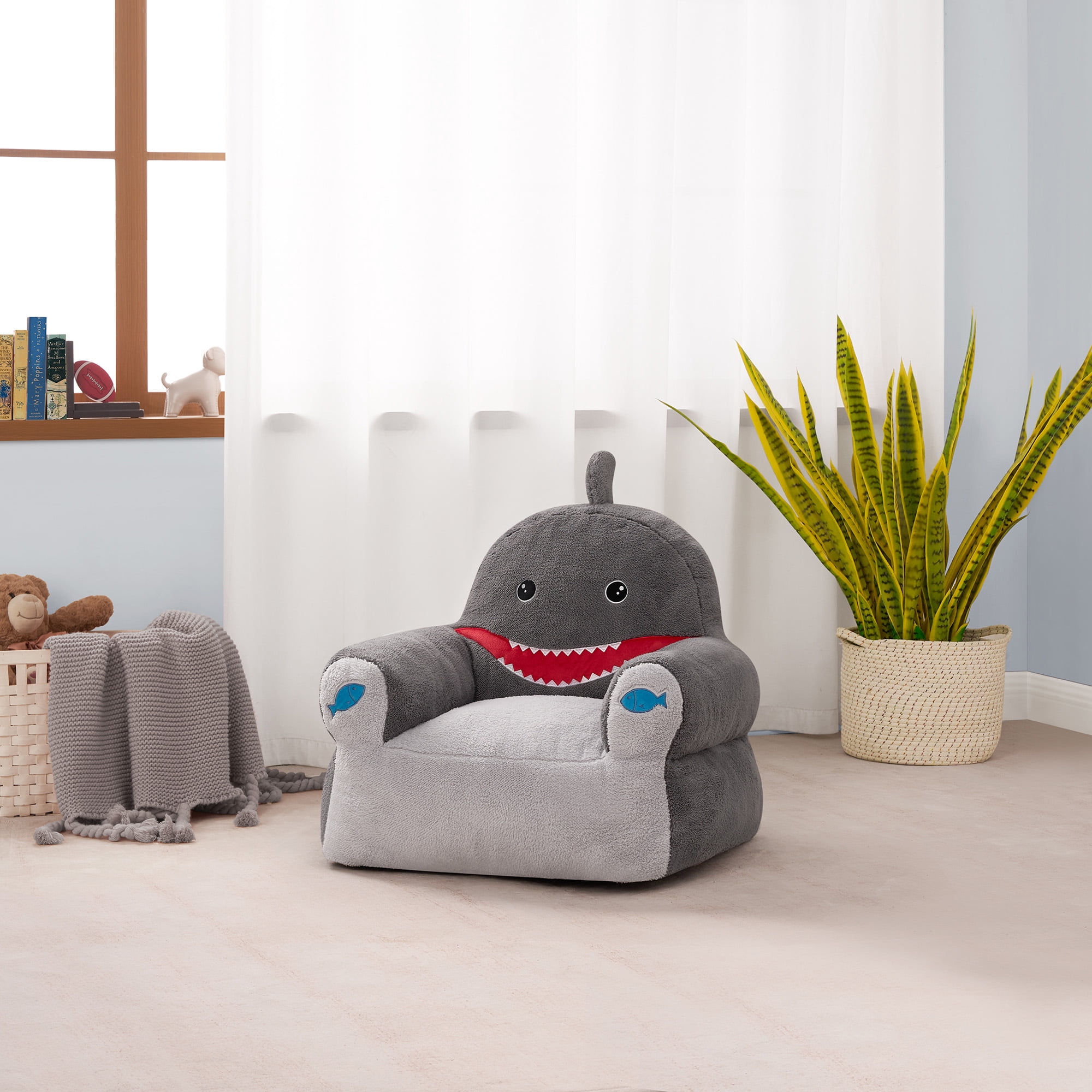 Lounge & Co Kids Shark Large Foam Filled Bean Bag Chair, Gray Plush, 25" W x 20" D x 23" H