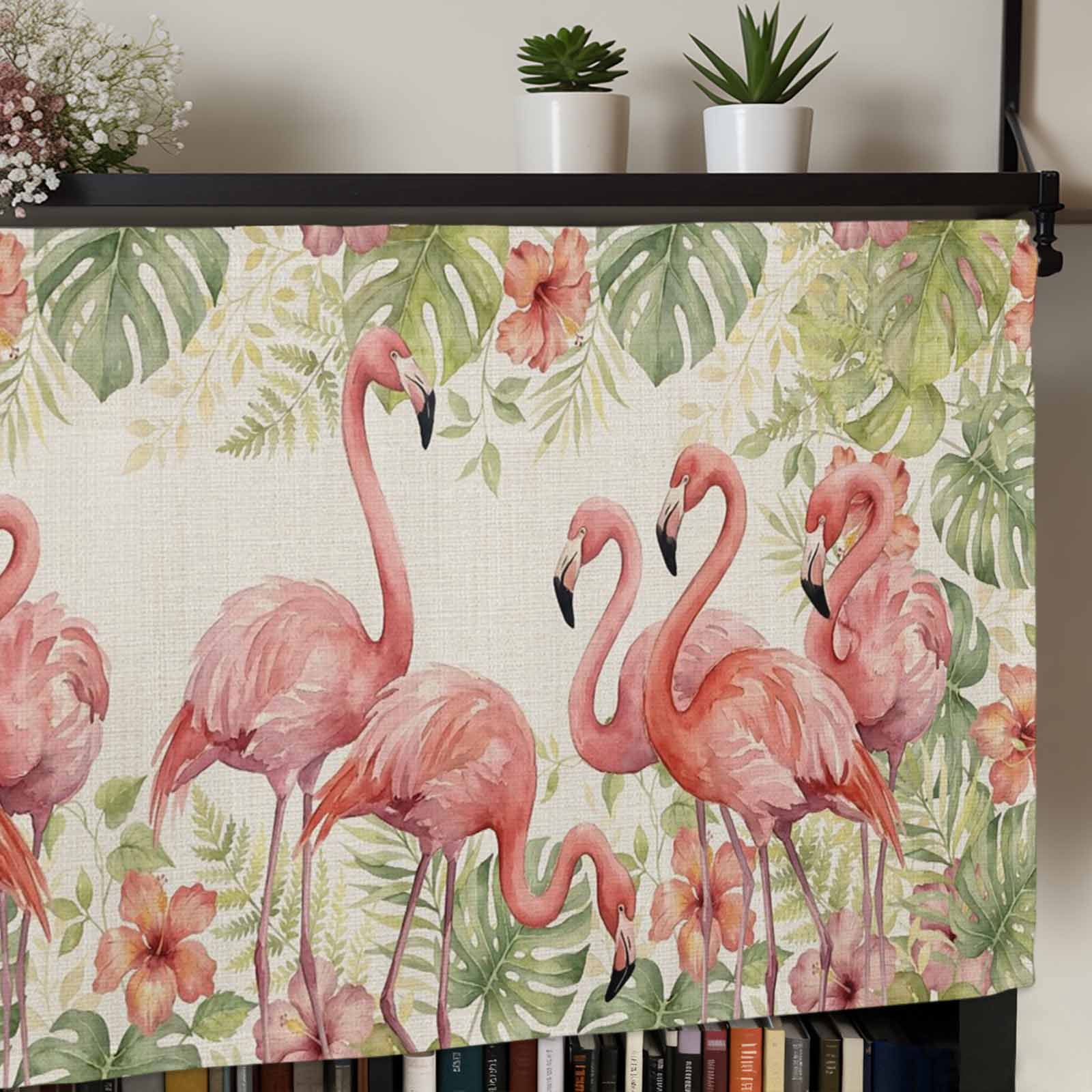 Summer Flamingo Valances for Windows Boho Red Tropical Animals Palm Trees Plants Linen Texture Rod Pocket Curtain Valance Window Treatment Short Curtains for Kitchen Living Room, 60"x18"
