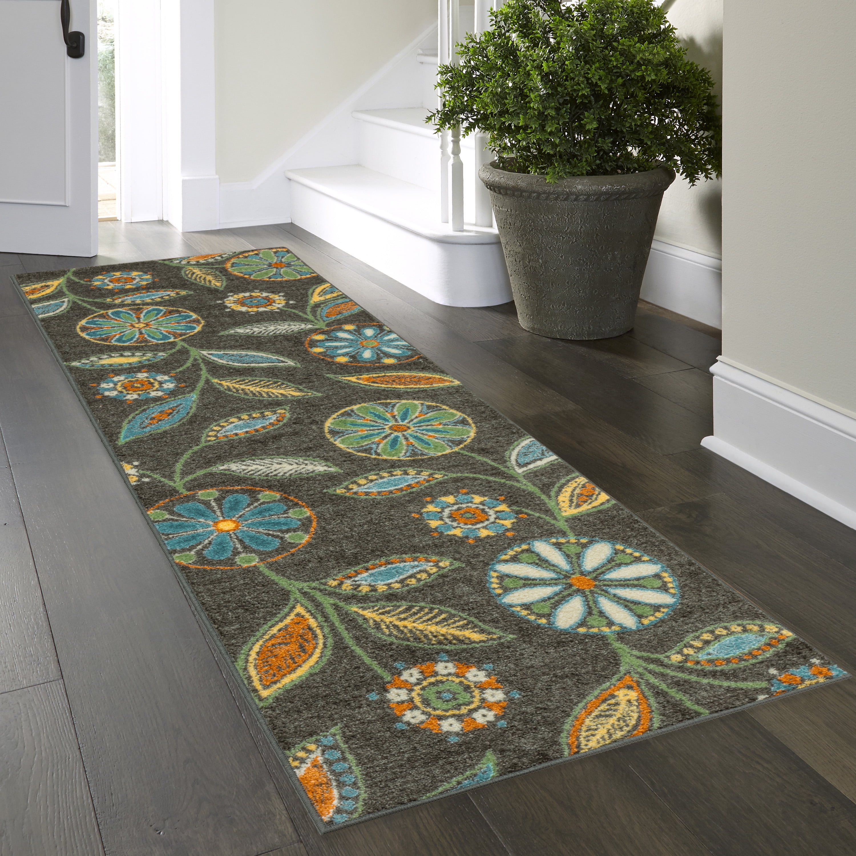 Maples Rugs Reggie Bohemian Floral Dark Grey Non Slip Hallway Runner Rug, 2'6 x 8'