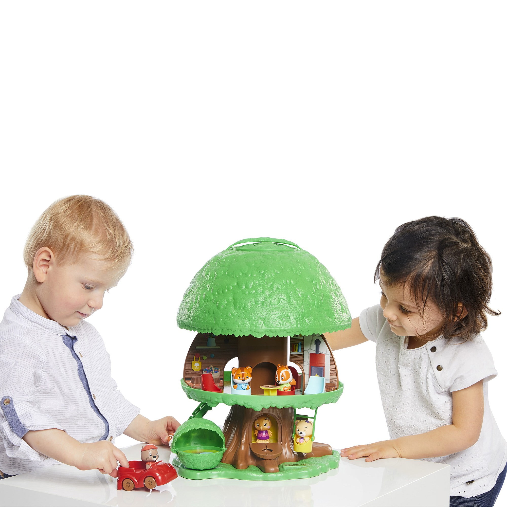 Timber Tots: The Magic Tree House - 16pc Nature Playset, 2 Animal Figurines, Toy Car & Furniture Accessories, Pop-Up Room Reveal, Kids-Toddlers 18Mo+