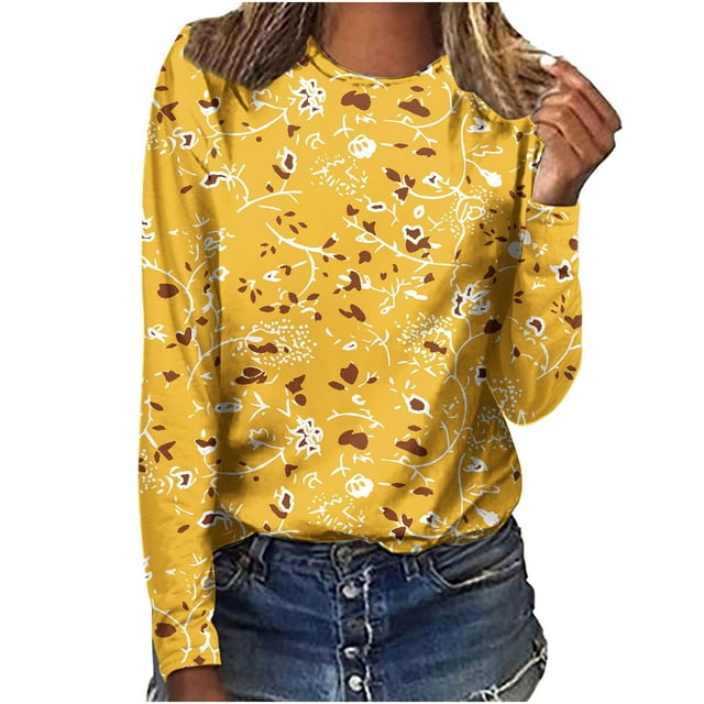 HKEJIAOI T-Shirts à Manches Longues en Polyester pour Femmes Imprimé Graphique Col Rond Blouses Habillées Décontractées Manches Longues