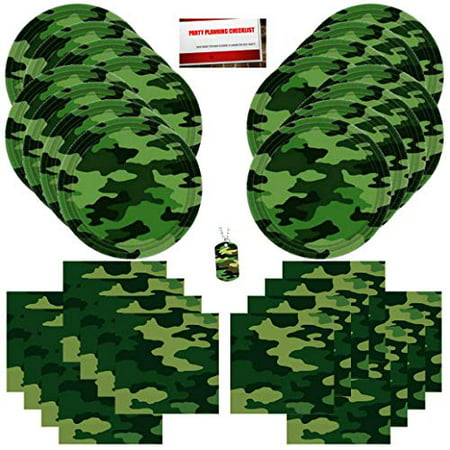 Military Army Camo Camouflage Happy Birthday Party Supplies Bundle Pack for 16 plus Bonus Camoflage Dog Tag