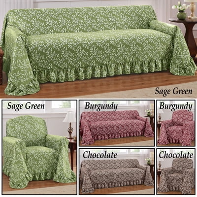 Leaf Design Furniture Cover With Ruffled Border Sofa Burgundy