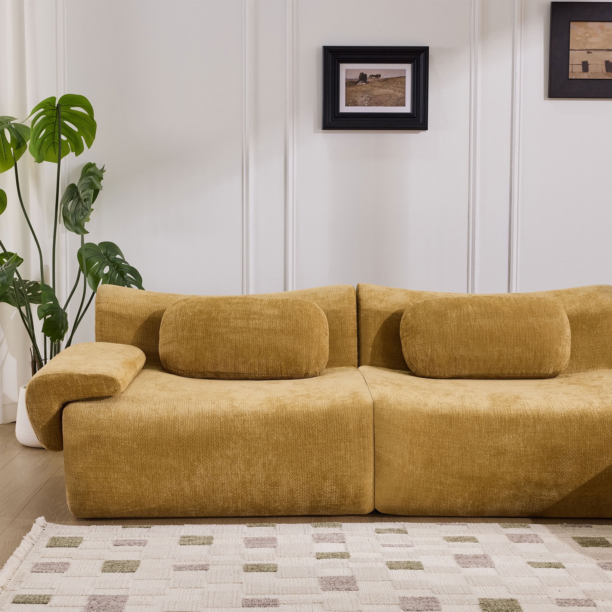 MAYEERTY 3+1 Seat Modular L-Shaped Sectional Sofa with Ottoman, Chenille Upholstered Deep Seat Couch with 3 Throw Pillows, No Assembly for Living Room Bedroom Apartment Small Spaces