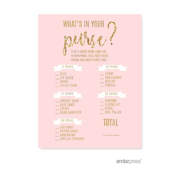 Koyal Wholesale Blush Pink Gold Bridal Shower Game Cards, What's in Your Purse, 20-Pack