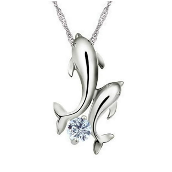 Dolphins Pendant Necklace for Women by Ginger Lyne White Gold Plated Brass with Cubic Zirconia