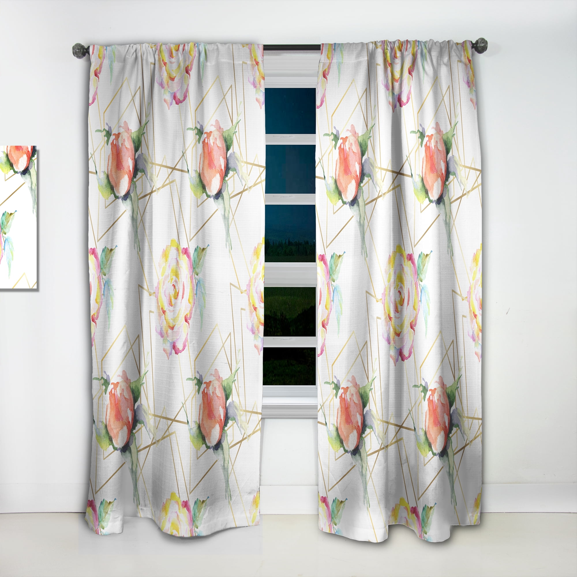 Designart 'Orange Rose Flower Retro Pattern on White' Mid-Century Modern Curtain Panel