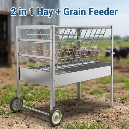Galvanized Steel 65LBS 2-in-1 Mobile Feed Trough with Wheels Freestanding Hay Feeder Rust-Resistant Feeding Container Durable Livestock Feeder for Farm Use