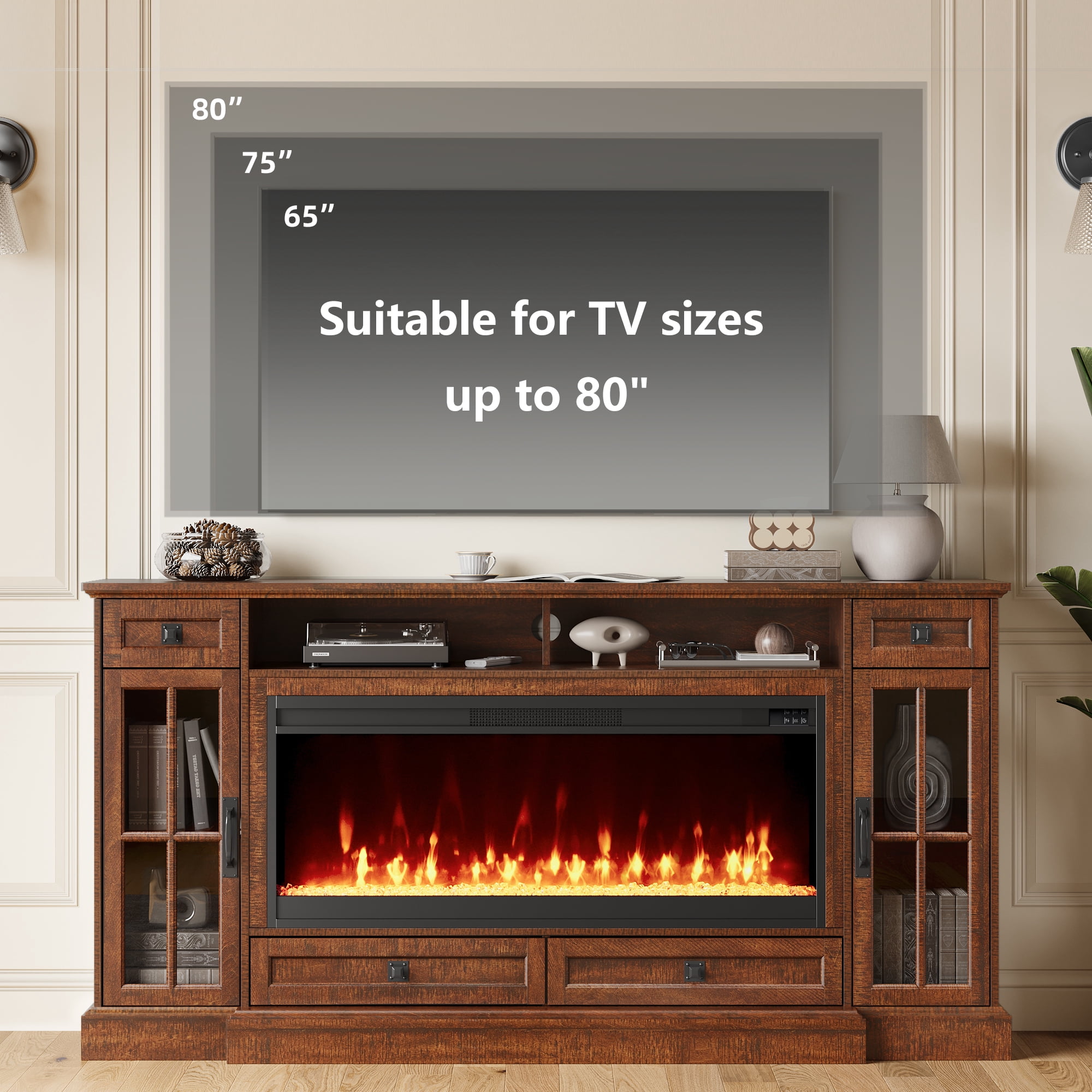 OKD TV Stand with Fireplace for 80 inch TVs, Farmhouse Entertainment Center with Storage, Reclaimed Barnwood