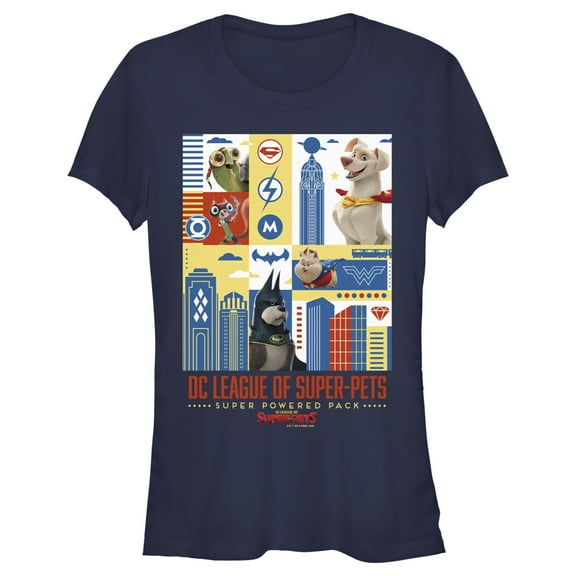 Junior's DC League of Super-Pets Super Powered Pack Panels Graphic Tee Navy Blue Medium