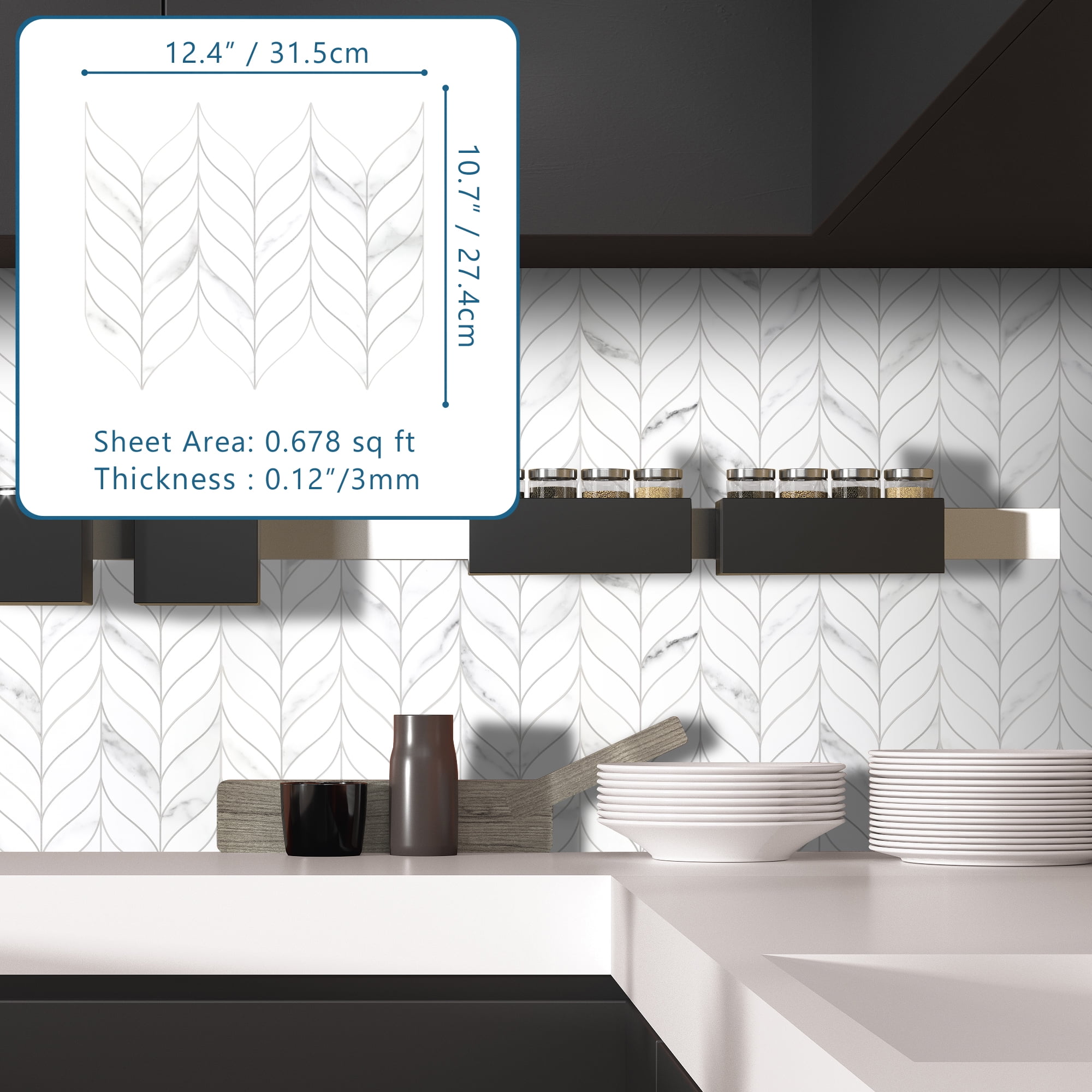 SUNWINGS 10-Sheet Peel and Stick Leaf Waterjet Backsplash Self Adhesive Tiles White Marble Wall Panels Stick on Backsplash for Kitchen, Bathroom, Fireplace