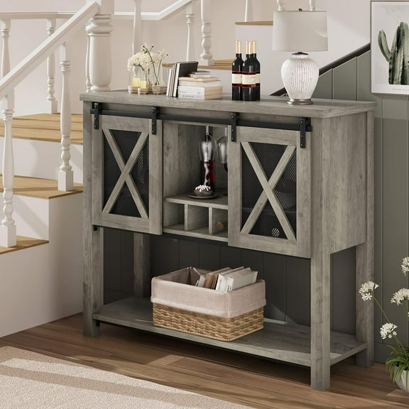 IDEALHOUSE Buffet Storage Cabinet Farmhouse Wine Cabinet Coffee Bar Table with Wine Glass Rack and Storage, Wood Buffets and Sideboards with Barn Mesh Door for Kitchen, Dining, Living Room, Grey