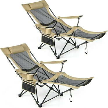 2 Pack Reclining Camping Chair, Folding Lounge Adults Chair with Foot Rest with Adjustable Backrest and Bag, Portable Recliner with Cup Holder for Patio, Garden, Lawn, 330 LBS, Khaki