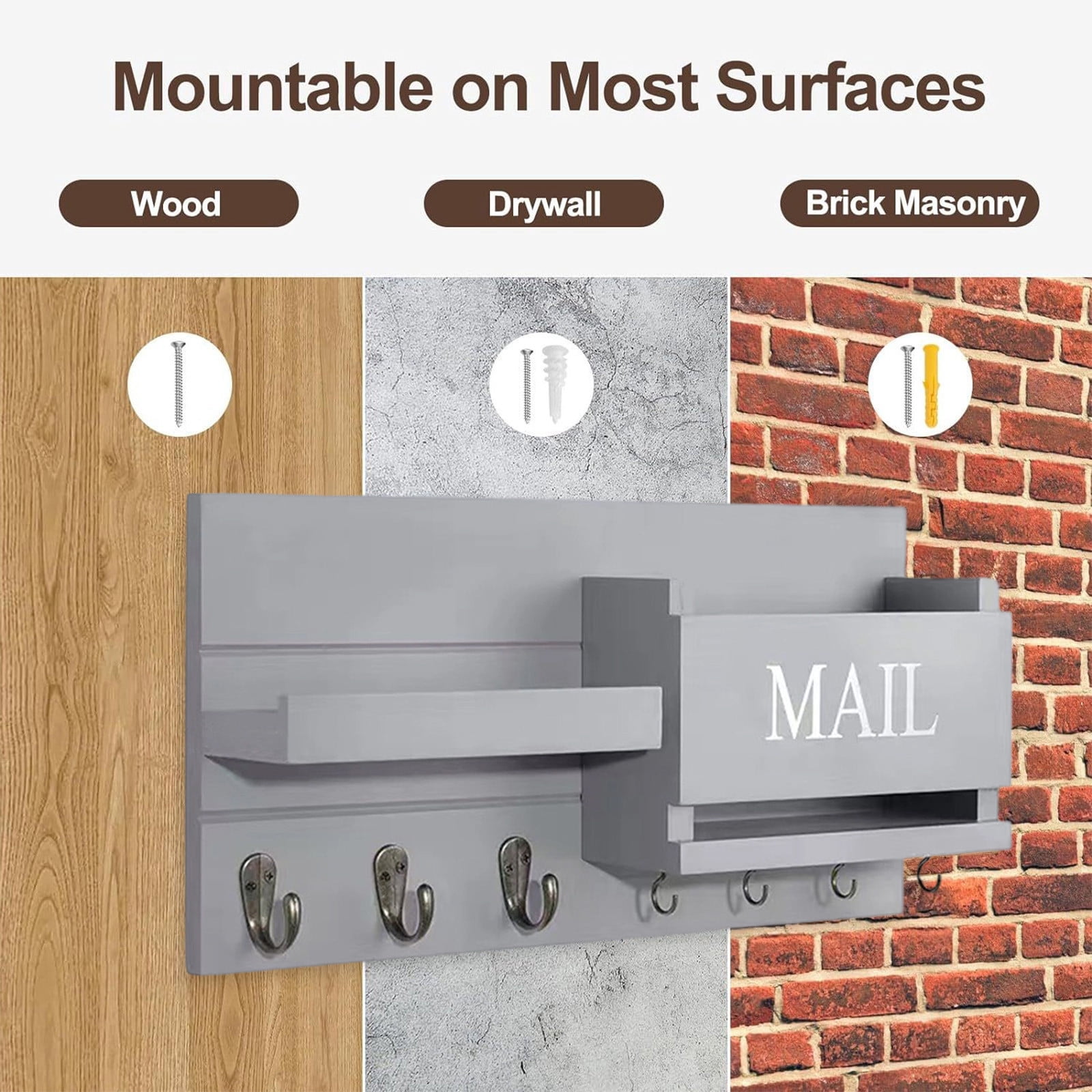 PONPRNGY Mail Organizer for Wall Mount – Key Holder with Shelf Includes Letter Holder and Hooks for Hallway Farmhouse Decor – Rustic Wood with Flush Mounting Hardware