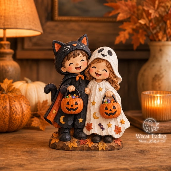 Wooden Block 3 Layer Halloween Figurine, Cat and Ghost Trick-or-Treat Shelf Display
