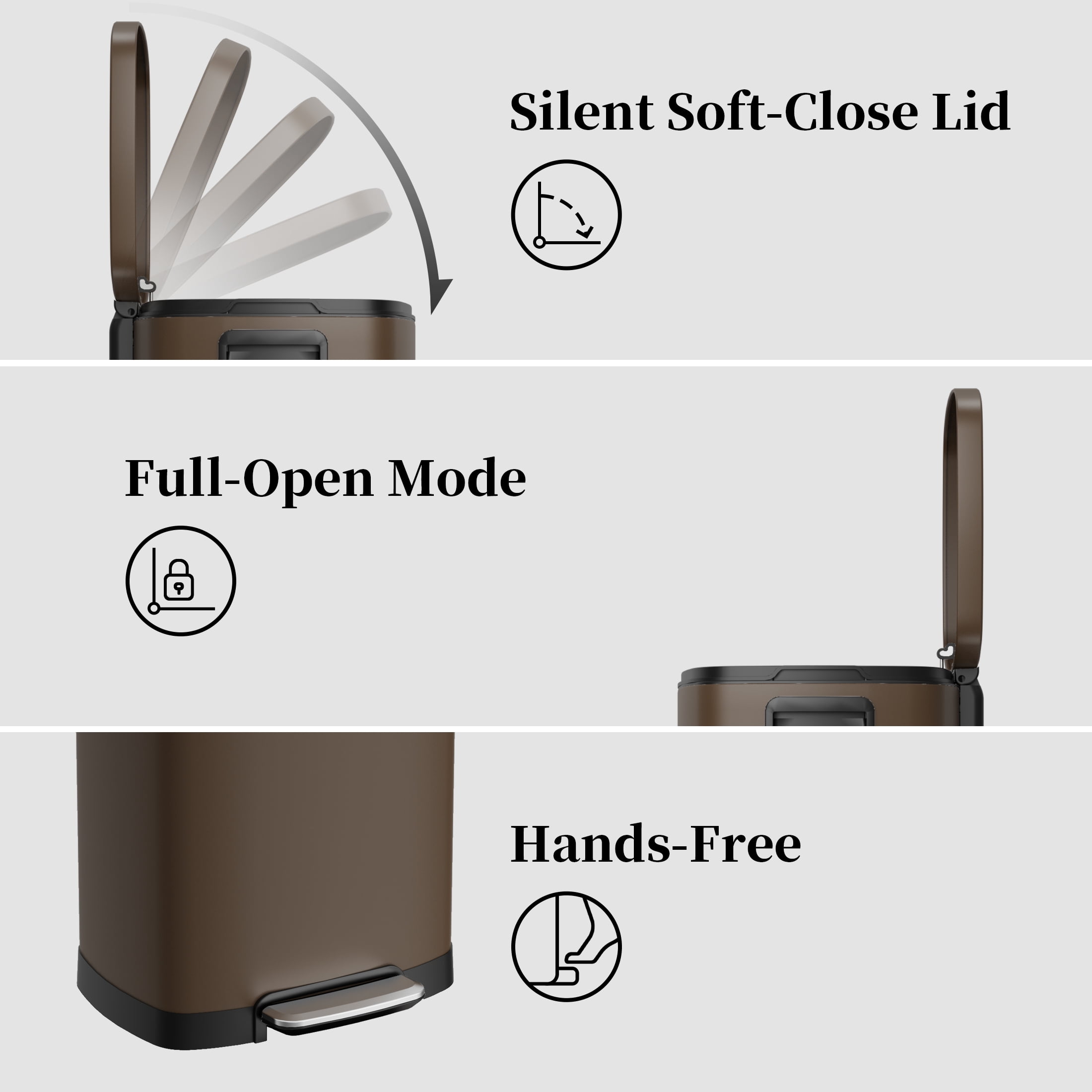 KSSKSS 13 Gallon Trash Can with Lid,Fingerprint-Proof Stainless Steel Kitchen Trash Can with Soft-Close Lid and Removable Inner Bucket,Brown