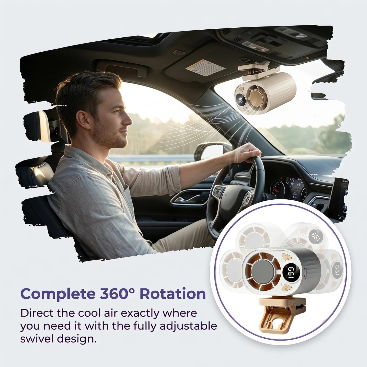 Car Clip on Air Conditioner Fan – 360° Rotation Portable Personal AC with Semiconductor Cooling, USB Rechargeable, for Car Visor, Roof Handle, Bed, Umbrella