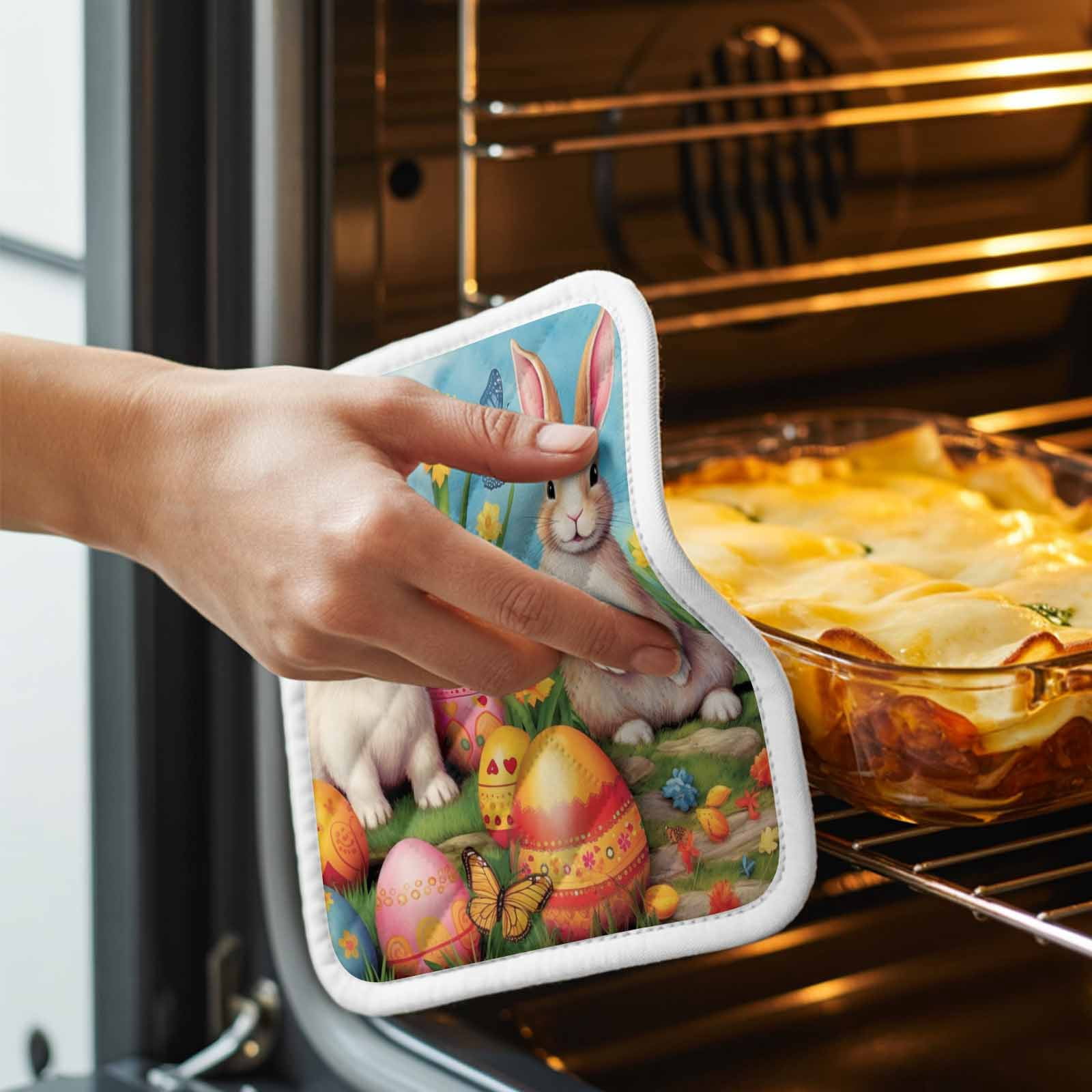 Easter Rabbits, Pot Holders for Kitchen Heatproof Potholder, 3 Pack Easter Bunny Egg Watercolor Floral Hot Pads Multipurpose Oven Pads Cloth Potholders Trivet for Cooking Baking