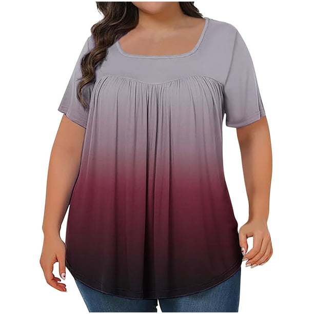 Tops Cortos para las Mujeres Impreso Cuello de Gran Tamaño Plisado Manga Corta Suelta Superior en Tamaños Más L-5xl
