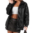 thumbnail image 2 of Faux Leather Jacket Women Oversized Casual Zip Up Jacket Motorcycle Bomber Jacket Coat Trendy Fall Winter Clothes, 2 of 4