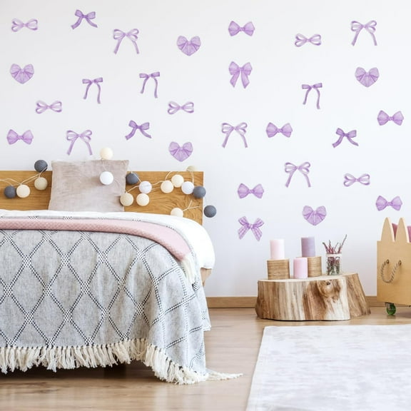 Purple Bow Wall Sticker 8 Sheets Removable Waterproof Self Adhesive Color Interior Wall Decoration 20 * 30cm Bow Pattern Thickened Tile Sticker for Bedroom Living Room Refrigerator