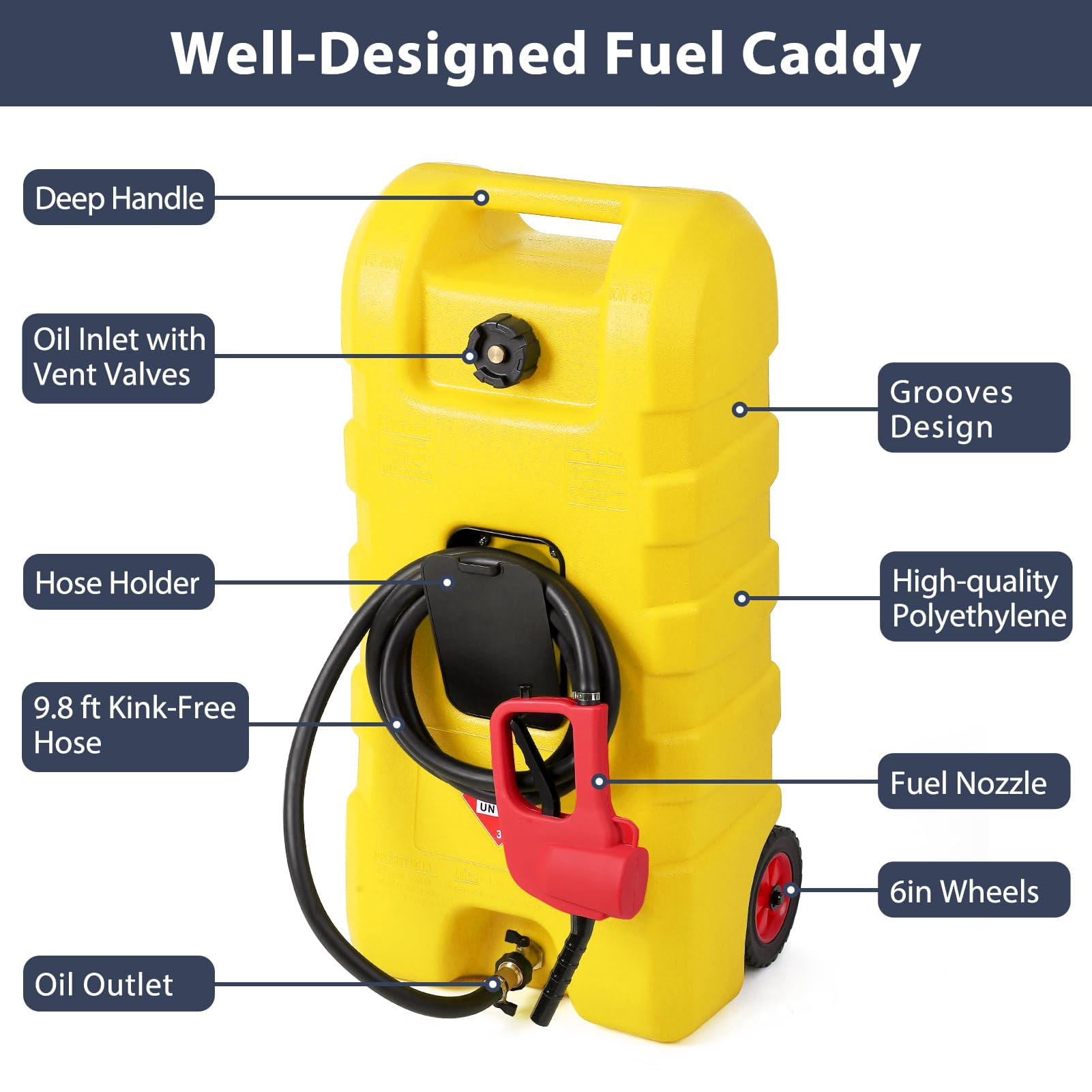 Fuel Caddy, 15 Gallon Portable Gas Fuel Tank Container with Fluid Transfer Siphon Pump and 10ft. Delivery Hose, Diesel Storage Can On-Wheels for Cars, Lawn Mowers, ATVs, Boats