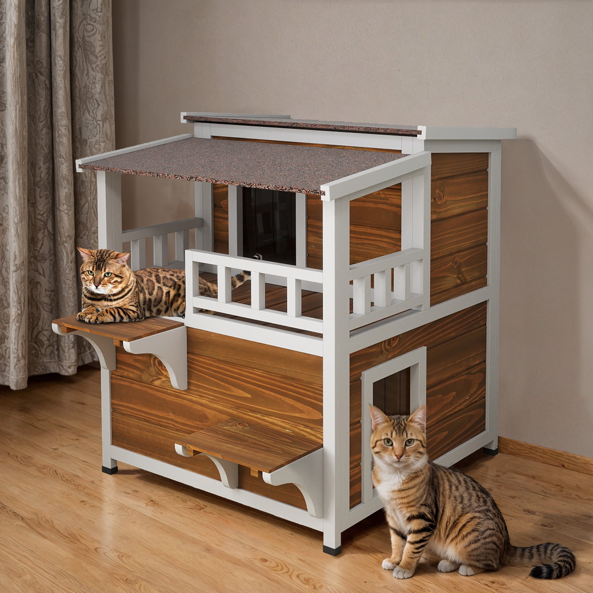 Uforic Two Story Outdoor Cat House, Cat Shelter Weatherproof Wooden Cat House with Balcony - Brown