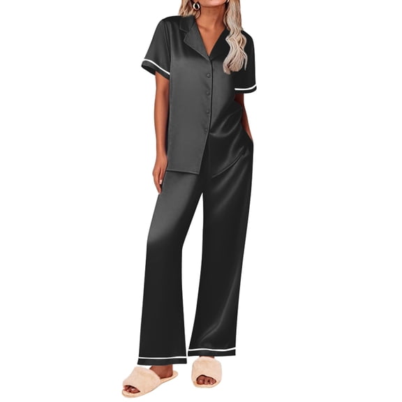 Ekouaer Women's Silk Pajamas Set Short Sleeve Satin Pjs 2 Piece Soft Loungewear with Pants Button Down Sleepwear