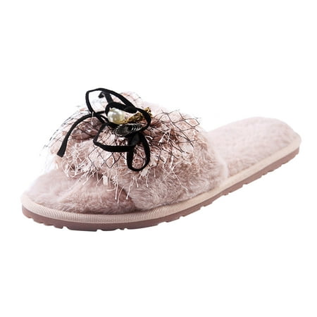 

Women Slippers Open Slippers Women Furry Toe Warm Flat Slip On Home Plush Bow Keep Shoes Home Women s Slipper Pink 6.5