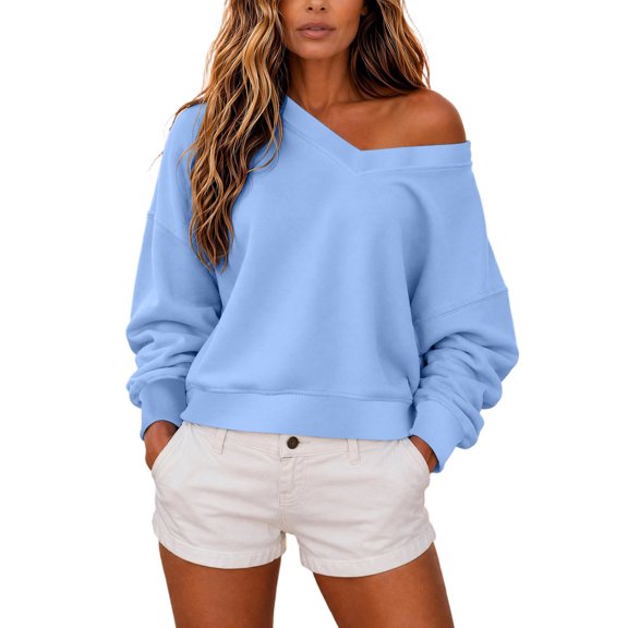 CLOISE Off the Shoulder Sweatshirt for Women Ribbed Casual Pullover Solid Color Long Sleeve Tops Fall Loose Cropped Outfits Blue XL