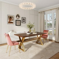 Clihome 70.8 in Dining Table with Walnut Wood Top and Gold Stainless Steel Base Kitchen Table