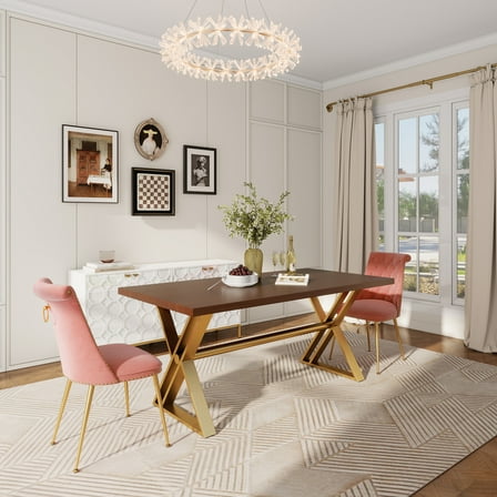 Clihome 70.8 in Dining Table with Walnut Wood Top and Gold Stainless Steel Base Kitchen Table