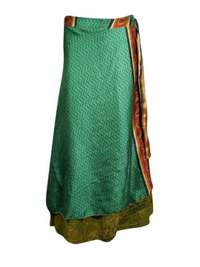 Mogul Women Sari Wrap Skirt 2 Layer Multi Color Long Wrap Around Skirts Boho Sarong Dress