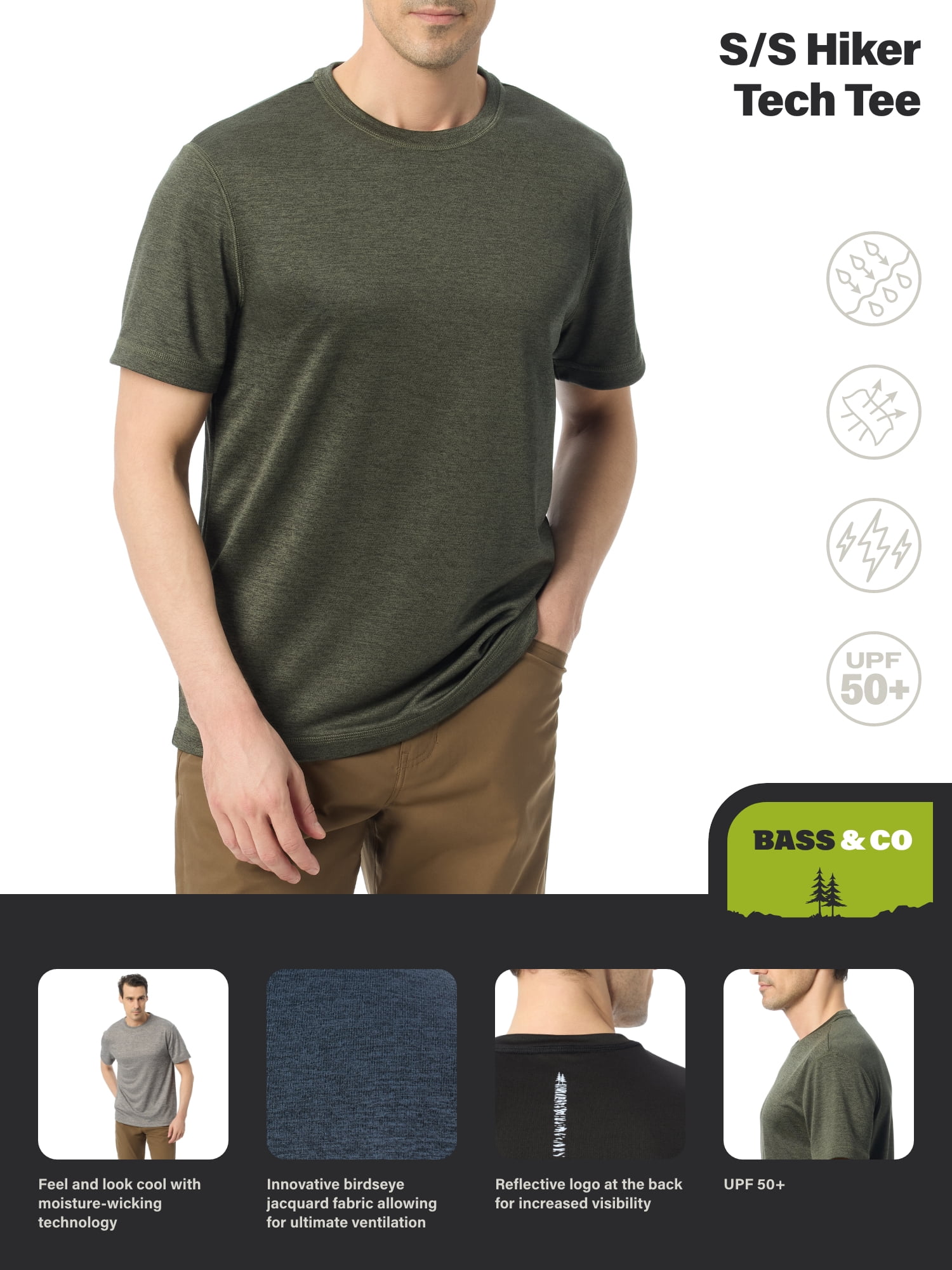 Bass & Co Men's & Big Men's Short Sleeve Hiker Tech Tee, Sizes S-XXXL