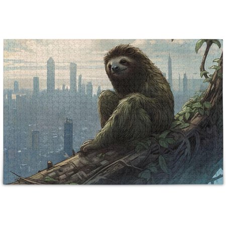 Hotbar Jigsaw Puzzle 1000 Pieces City Sloth Picture for Adults Family Entertainment, Zigsaw with Alphabet Back with Storage Bag 29.5×19.7 in