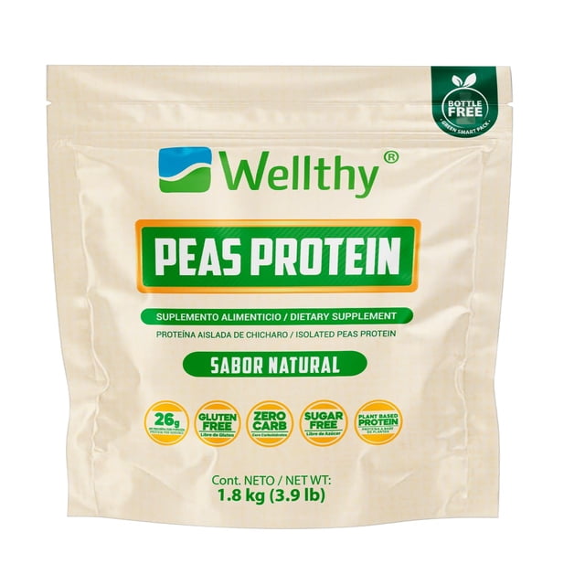 Wellthy Peas Protein Proteína Vegana de Chícharo 1.8kg. 60 Porciones por Envase, 100% Natural, 100% Plant Based, Low Carb, Gluten Free, Sugar Free, Bottle Free.