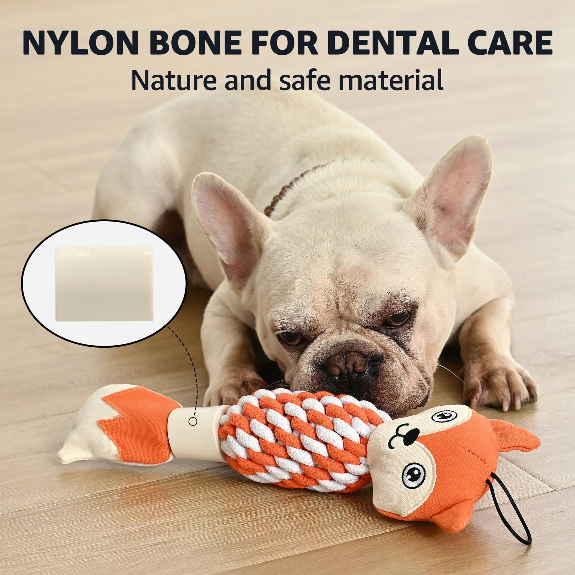 Max & Marlow Dog Chew Toys, Cotton Rope Fox Toys with Built-in Large Squeaker and Nylon Bone, 2 Pack