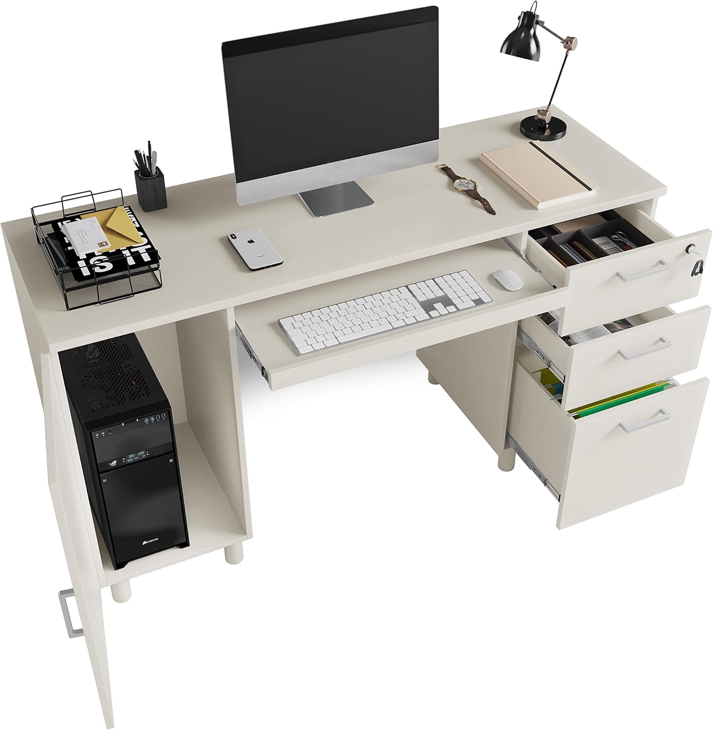 Modern Design Venice Computer Desk Great for Home Office Desk by Crafts and Comfort - 3 Drawers and CPU Storage Cabinet - Laptop Workstation with Keyboard Tray and Cable Hole - White